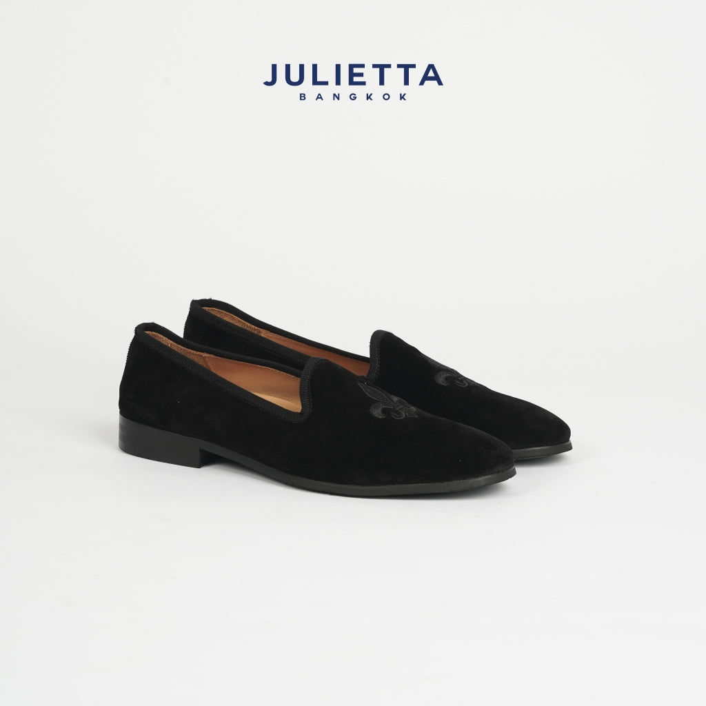 JULIETTA - FENIS Velvet Slippers with Fleur de lis : Black (Unlined)