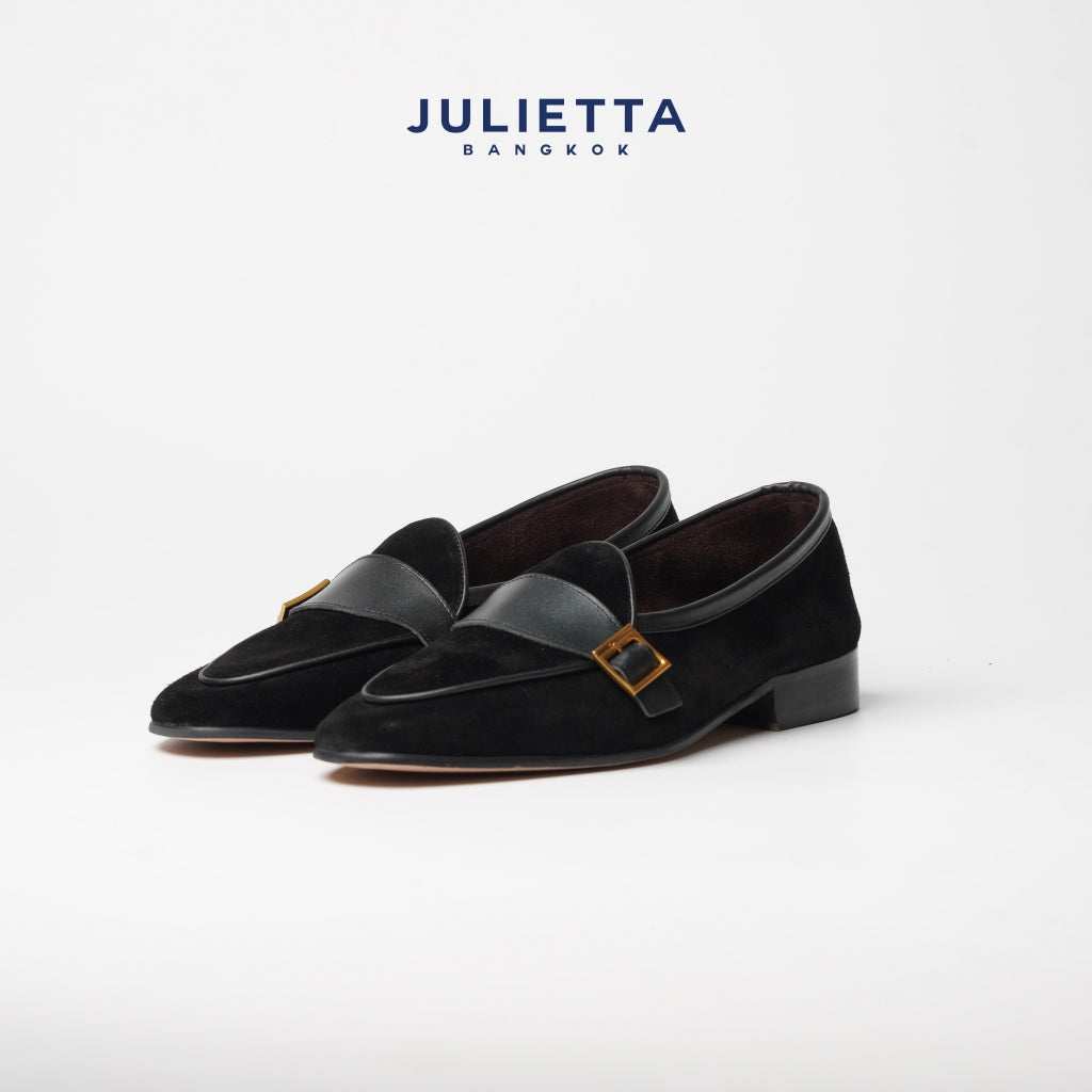 JULIETTA - Buckle Belgian Loafer Suede : Black (Unlined)
