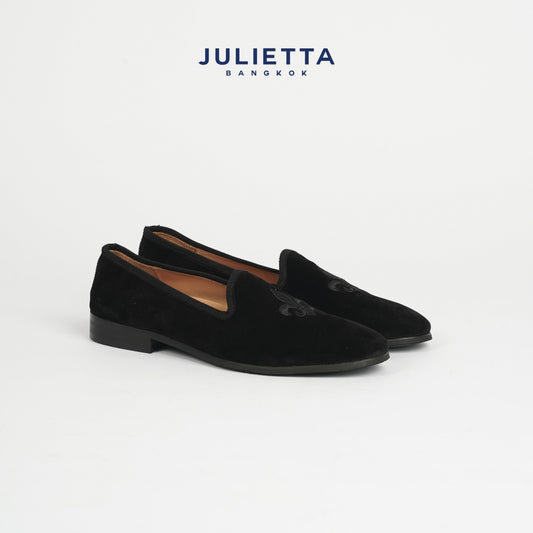 JULIETTA - FENIS Velvet Slippers with Fleur de lis : Black  (Unlined)