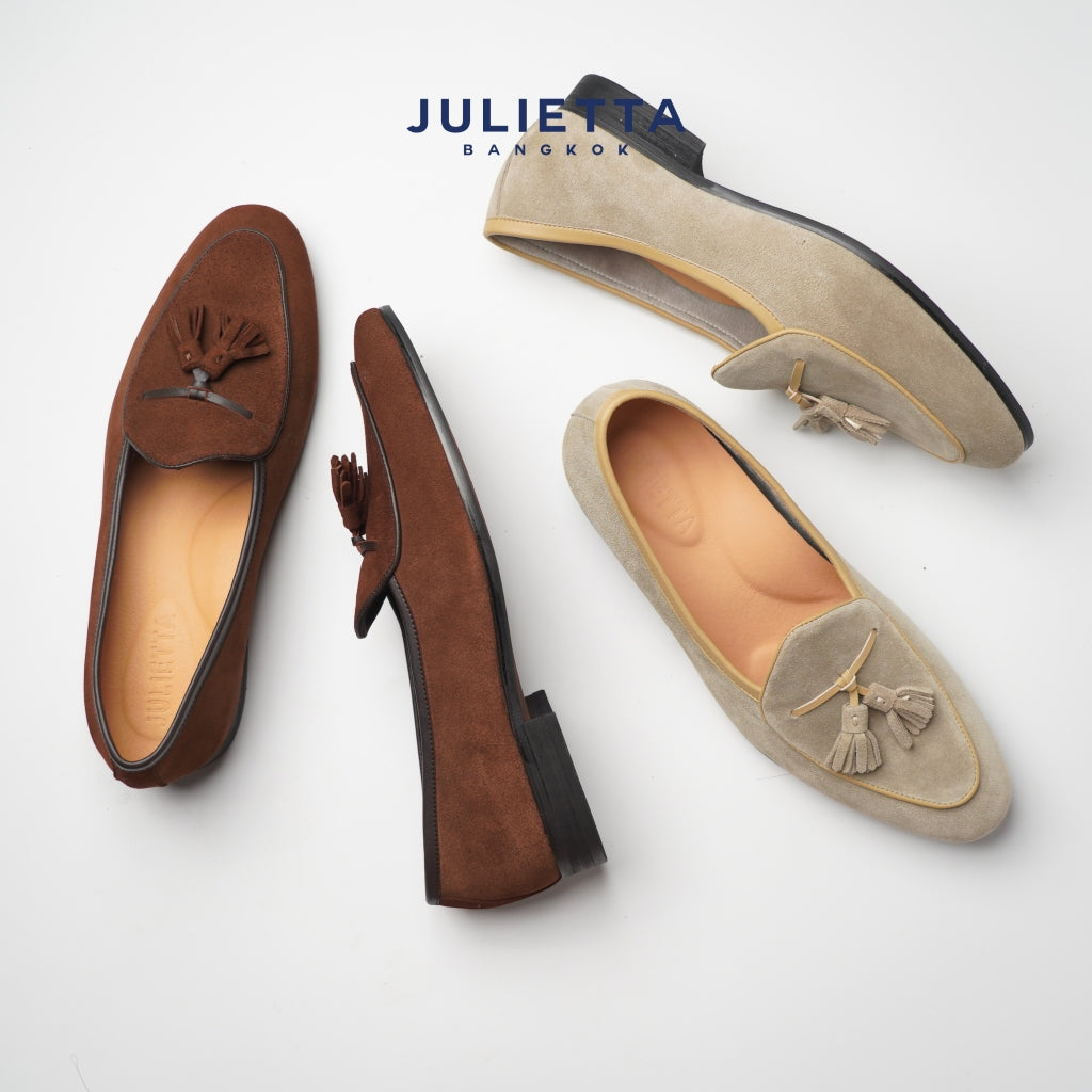 JULIETTA - Tassel Belgian Loafer Suede : Beige (Unlined)