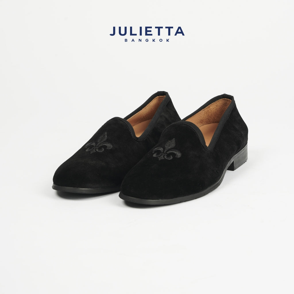 JULIETTA - FENIS Velvet Slippers with Fleur de lis : Black  (Unlined)