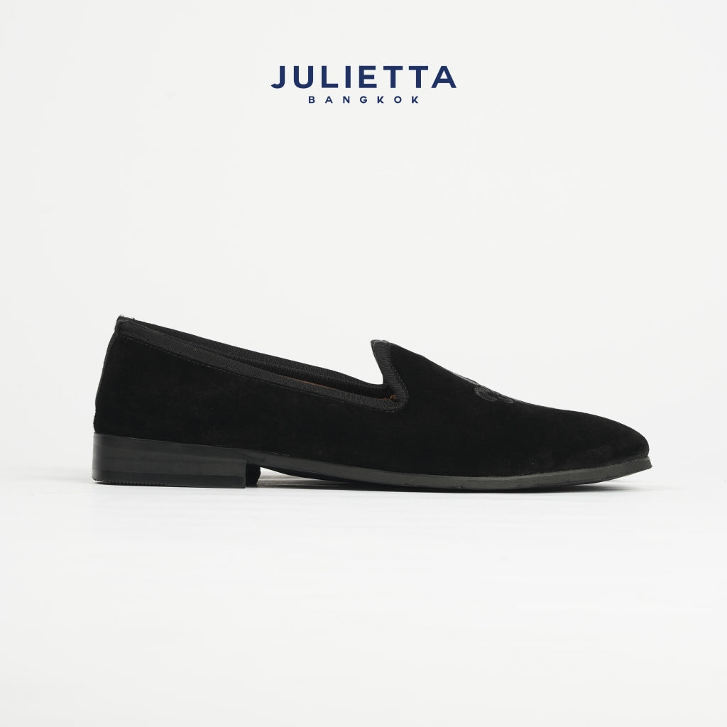 JULIETTA - FENIS Velvet Slippers with Fleur de lis : Black  (Unlined)