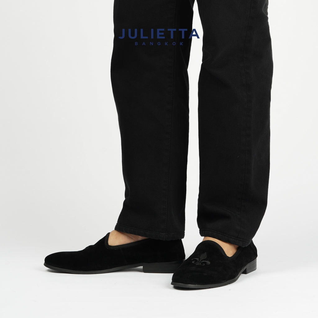 JULIETTA - FENIS Velvet Slippers with Fleur de lis : Black  (Unlined)