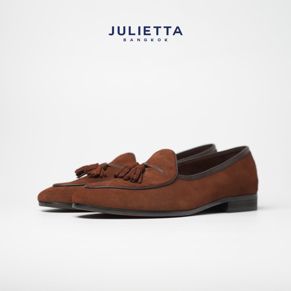 JULIETTA - Tassel Belgian Loafer Suede : Brown (Unlined)